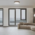 Modern Office With Large Windows Beige Sofa Floor Lamp Gray Flooring And Wooden Wall Decor