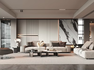 Modern Living Room With Beige Sofa Coffee Table Striped Rug Marble Accent Wall And Fireplace 3d model