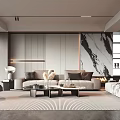 Modern Living Room With Beige Sofa Coffee Table Striped Rug Marble Accent Wall And Fireplace
