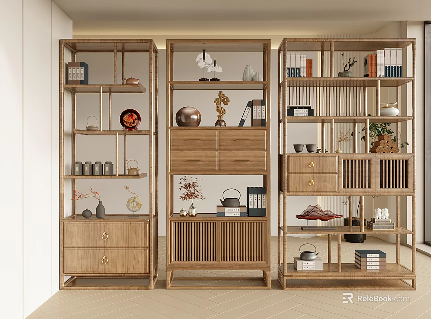 Traditional Wooden Chinese Display Shelves with Decorative Vases Tea Sets and Books 3d model 