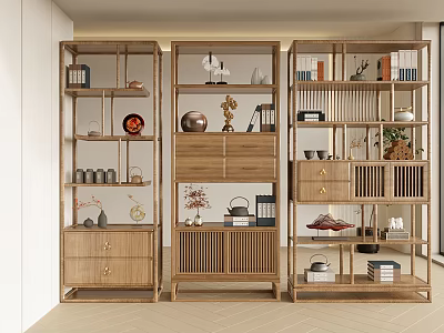 Traditional Wooden Chinese Display Shelves with Decorative Vases Tea Sets and Books 3d model