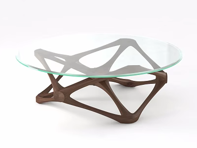 Modern Round Coffee Table With Glass Top And Geometric Wooden Base Design 3d model