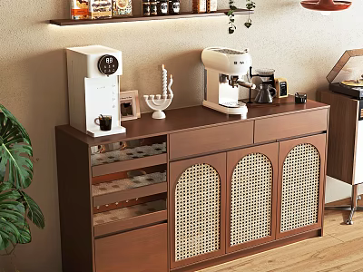 Modern Brown Sideboard with Rattan Doors Coffee Machine Decorative Items and Plant 3d model