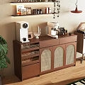 Modern Brown Sideboard with Rattan Doors Coffee Machine Decorative Items and Plant