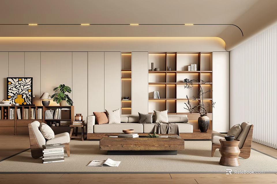 Modern Living Room Interior Design With Beige Sofa Wooden Coffee Table Bookshelf And Green Plants 3d model 