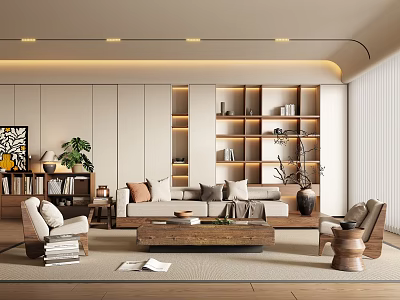 Modern Living Room Interior Design With Beige Sofa Wooden Coffee Table Bookshelf And Green Plants 3d model