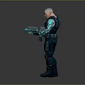 Sci Fi Character With Bald Head Blue Arms And Large Gun In Combat Gear