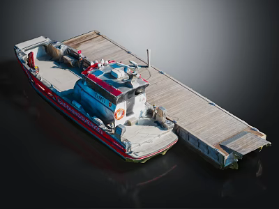 Red Blue White Work Boat With Deck Equipment And Pilot House Structure 3d model