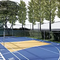Outdoor Basketball Court With Blue Yellow Surface White Lines Basketball Hoop Trees And Fence 3d model