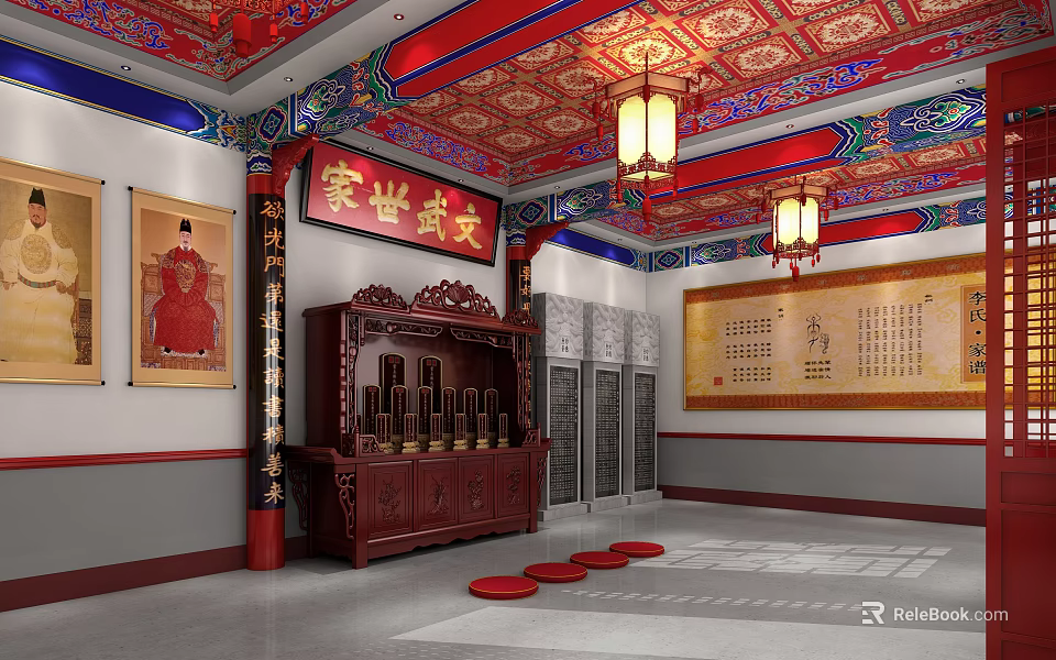 Traditional Chinese Religious Worship Site With Painted Ceiling Lanterns Wooden Altar And Incense Burners 3d model 