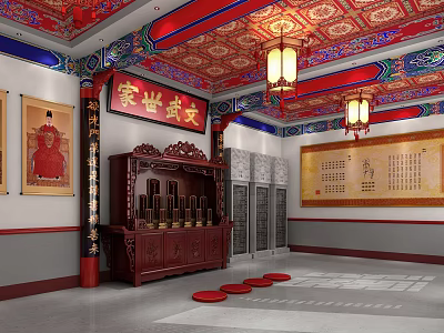 Traditional Chinese Religious Worship Site With Painted Ceiling Lanterns Wooden Altar And Incense Burners 3d model