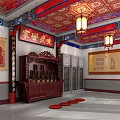 Traditional Chinese Religious Worship Site With Painted Ceiling Lanterns Wooden Altar And Incense Burners