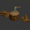 Wooden Stump With Blue Axe And Chopping Blocks On Gray Background