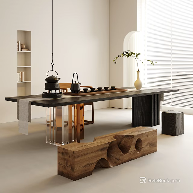 Modern Tea Table and Chairs With Wooden Top Metal Legs Tea Set And Plant Vase 3d model 