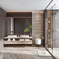 Modern Bathroom Interior With Double Sinks Wooden Vanity Mirror Towels And Green Plant