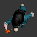 Woman wearing blue overalls and orange gloves gesturing with right hand standing on gray surface