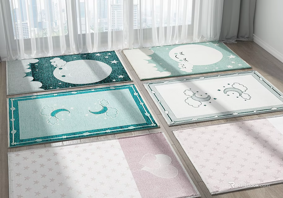 Decorative Square Rugs With Moon Star Cloud Patterns For Bedroom Decor 3d model