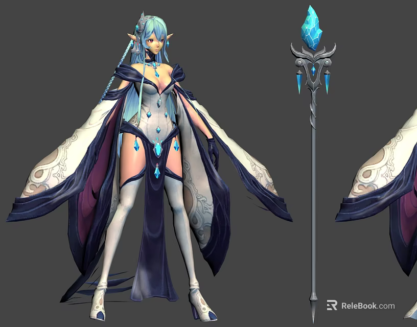Game and Movie Elf Character With Blue Hair Crystal Staff And Decorative Robe 3d model 