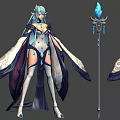 Game and Movie Elf Character With Blue Hair Crystal Staff And Decorative Robe