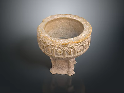 Ancient Carved Stone Vessel With Intricate Patterns And Pedestal Base Design 3d model