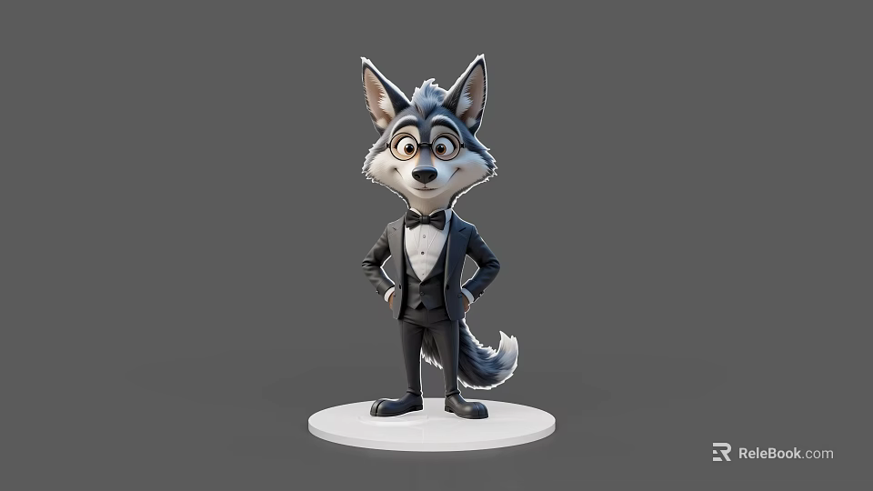 Animated Wolf Character In Black Tuxedo With Bow Tie Standing Pose 3d model 