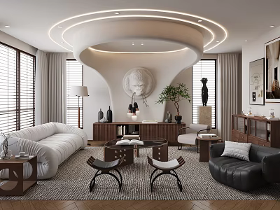 Modern Living Dining Room Interior With White Sofa Round Coffee Tables Sculpture Plants And Blinds 3d model