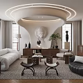 Modern Living Dining Room Interior With White Sofa Round Coffee Tables Sculpture Plants And Blinds