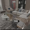 Modern Beige Fabric Sofa Coffee Table Combination With Marble Top Pillows And Soft Rug