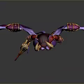 Fantasy Character With Purple Skin Golden Horns Bat Wings Red Gold Armor And Weapon