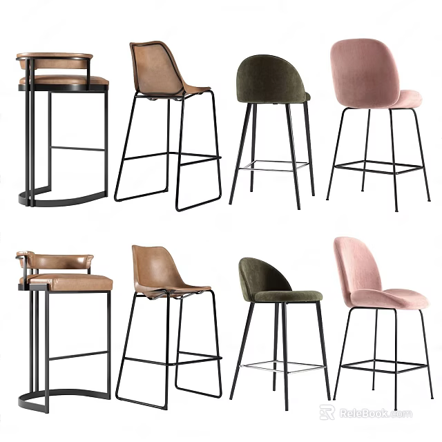 Modern Bar Stools With Brown Green Pink Upholstered Seats And Black Metal Legs 3d model 
