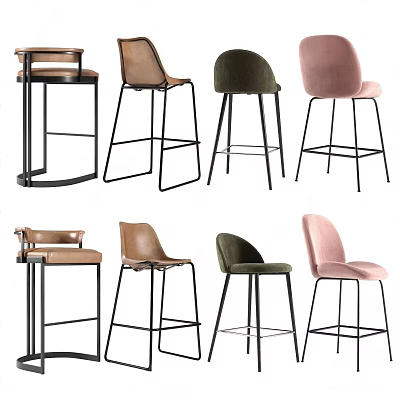 Modern Bar Stools With Brown Green Pink Upholstered Seats And Black Metal Legs 3d model