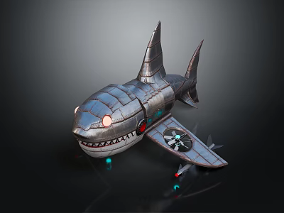Vintage Mechanical Shark Shaped Metal Model With Propeller And Glowing Eyes 3d model