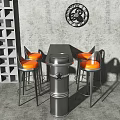 Metallic Circular Bar Counter With Star Emblem And Orange Padded High Stools In Grey Backdrop