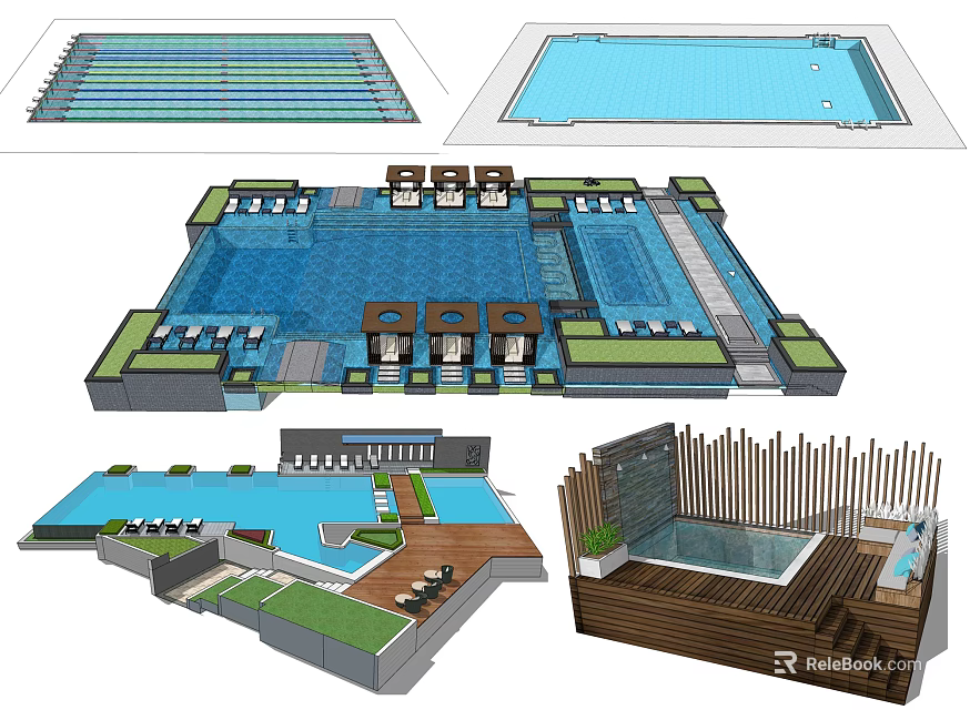 Swimming Pool Complex Design With Layout Seating Areas Greenery And Wooden Deck 3d model
