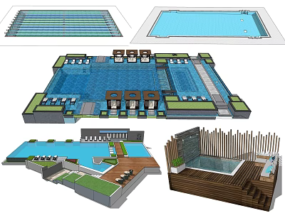 Swimming Pool Complex Design With Layout Seating Areas Greenery And Wooden Deck 3d model
