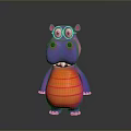Cute Neon Purple Red Hippo 3D Cartoon Character With Big Eyes And Striped Belly Design
