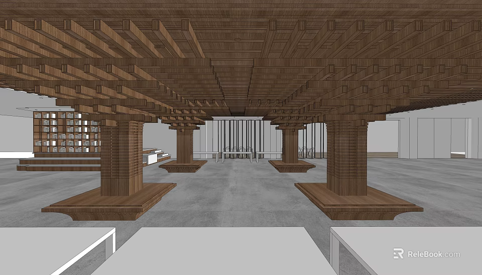 Front Desk Reception Lobby With Modern Wooden Ceiling And Columns Structure Design 3d model