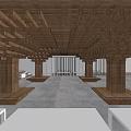 Front Desk Reception Lobby With Modern Wooden Ceiling And Columns Structure Design 3d model