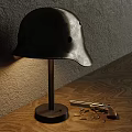 Vintage Helmet Designed Table Lamp With Warm Glow On Wooden Desk And Textured Wall