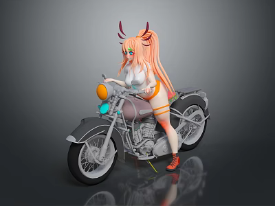 Horned Anime Girl With Orange Long Hair Riding Gray Motorcycle With Green Headlight 3d model