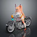 Horned Anime Girl With Orange Long Hair Riding Gray Motorcycle With Green Headlight