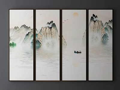 Chinese Landscape Painting With Misty Mountains Water Small Boat Sun And Birds 3d model