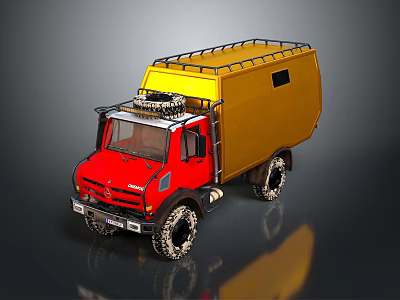 Red Off Road Adventure Truck With Yellow Cargo Box Large Tires And Roof Rack 3d model