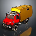 Red Off Road Adventure Truck With Yellow Cargo Box Large Tires And Roof Rack