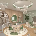 Kindergarten Classroom Interior With Cloud Decor Bookshelves Circular Windows And Green Plants