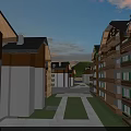 Neatly Arranged Modern Residential Buildings With Balconies And Green Lawns Along Street