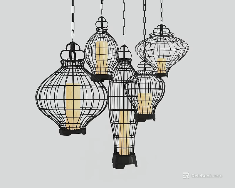 Modern Lantern Shaped Pendant Lights With Black Metal Frame And Warm Yellow Glow 3d model 