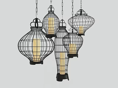 Modern Lantern Shaped Pendant Lights With Black Metal Frame And Warm Yellow Glow 3d model