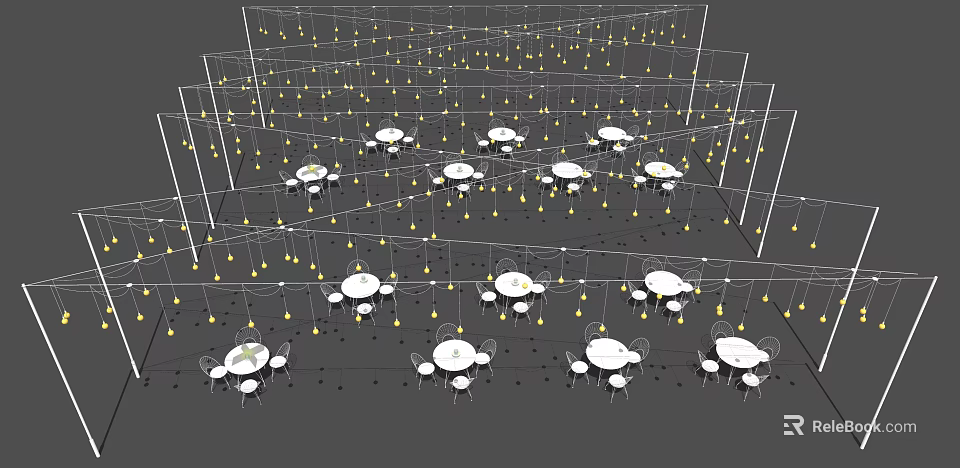 Stylish Hanging Decorative Lights In Indoor Dining Area With Round Tables And Chairs 3d model 