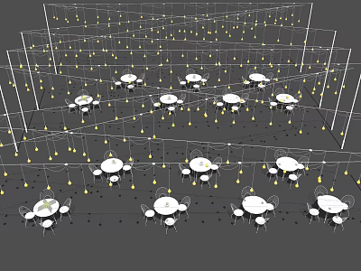 Stylish Hanging Decorative Lights In Indoor Dining Area With Round Tables And Chairs 3d model